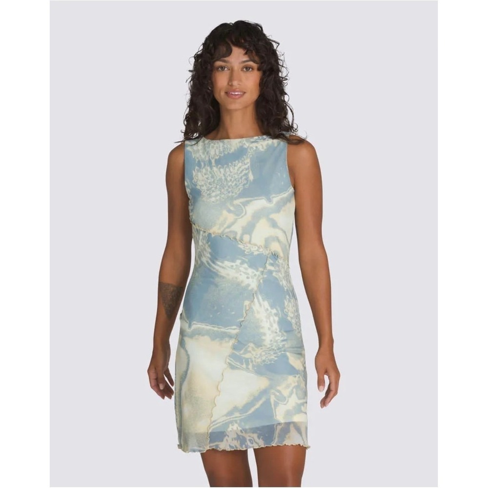 Vans Molly Mesh Mini Dress Banana Cream Blue Marble Print Y2K Style Sz Large New